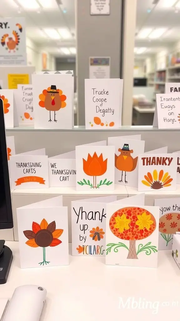 A display of colorful Thanksgiving cards featuring turkeys and autumn leaves.