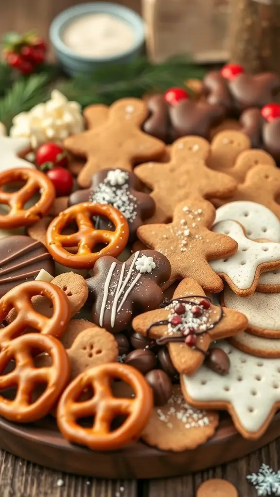 A festive charcuterie board featuring gingerbread cookies, chocolate-covered pretzels, and frosted sugar cookies.