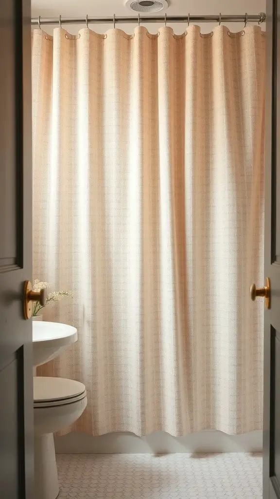Textured fabric shower curtain in a small bathroom setting