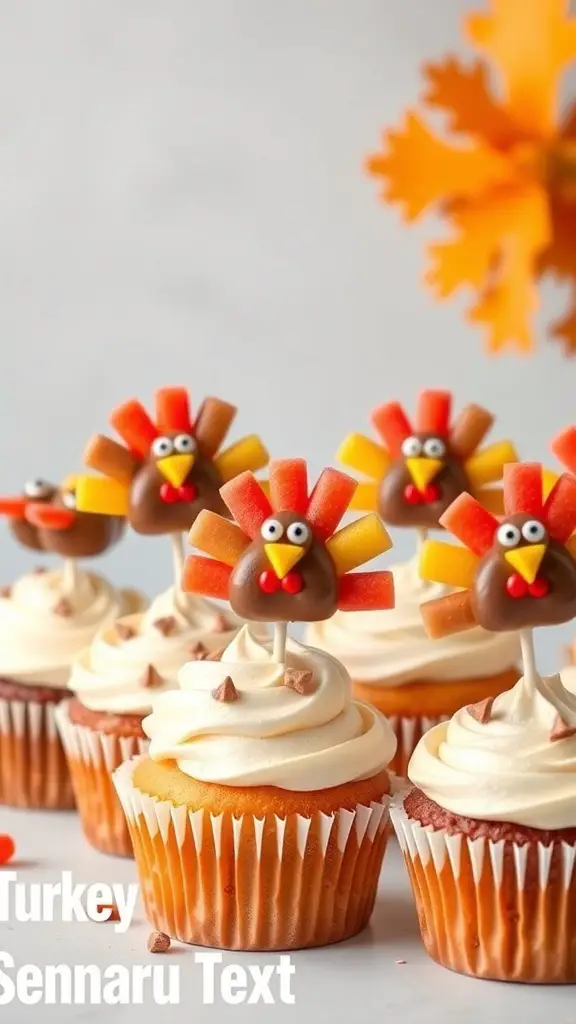 Cupcakes topped with turkey decorations made from candy