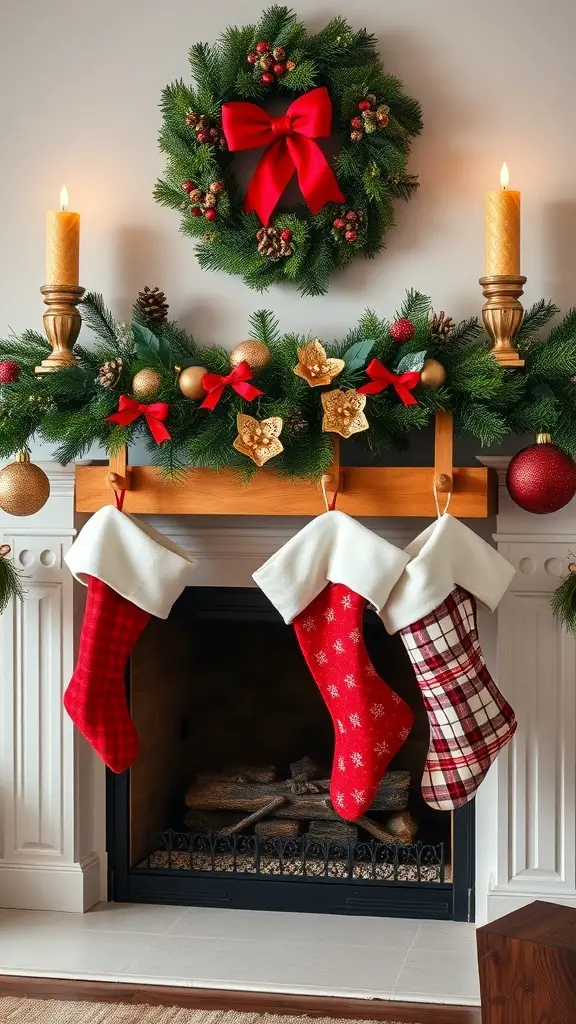 A festive fireplace with wooden stockings holders and colorful stockings