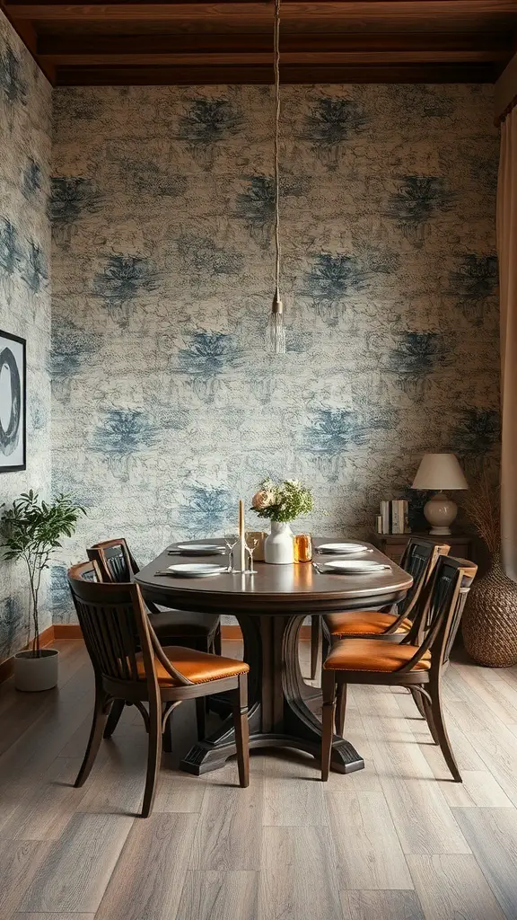 29+ Stunning Dining Room Wallpaper Ideas to Transform Your Space 6 A dining room featuring textured wallpaper in soft blue tones, a wooden table, and chairs.