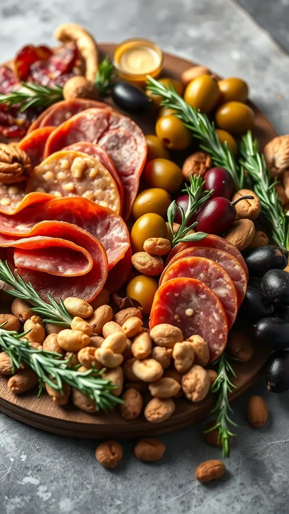 29+ Festive Grazing Table Ideas for a Perfect Christmas Celebration 7 A beautifully arranged charcuterie board featuring various cured meats, olives, nuts, and fresh herbs.
