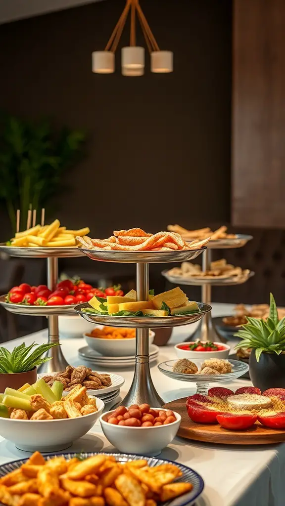 A beautifully arranged grazing table with various foods on different heights, showcasing a variety of snacks and appetizers.