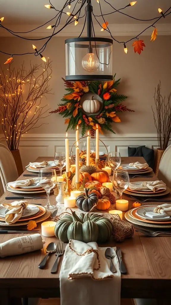 A beautifully arranged Friendsgiving table with pumpkins, candles, and autumn decor.
