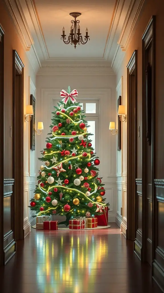 27+ Festive Christmas Hallway Ideas to Transform Your Home 11 A beautifully decorated Christmas tree in a hallway, with gifts underneath and warm lighting.