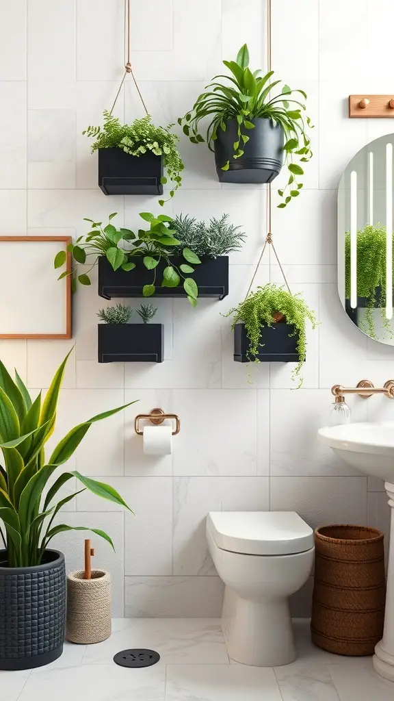27+ Creative Plant Display Ideas to Transform Your Bathroom 6 A stylish bathroom featuring wall-mounted planter boxes filled with various plants, enhancing the decor.