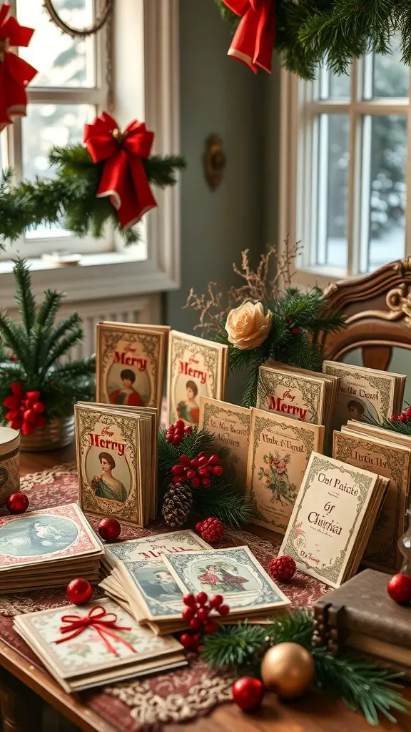 A display of antique Christmas cards surrounded by festive decorations.