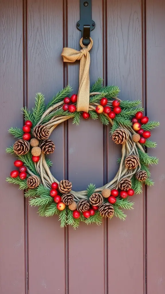 A beautiful wooden Christmas wreath adorned with pinecones and red berries, hanging on a door.