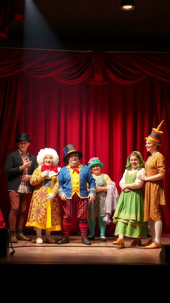 A group of performers in colorful costumes on stage for a pantomime