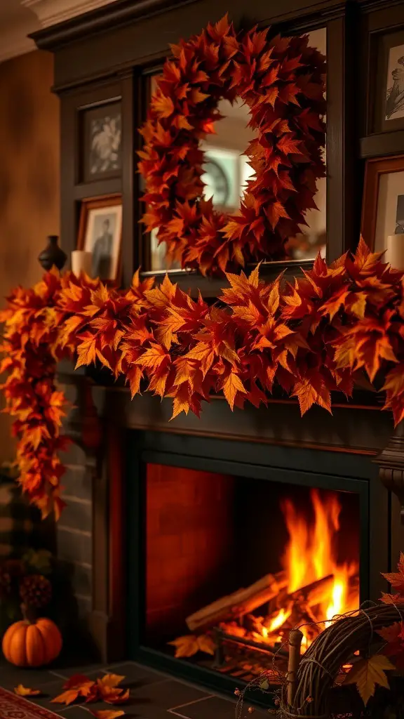 A cozy fireplace adorned with a fall leaf garland and wreath, creating a warm autumn atmosphere.