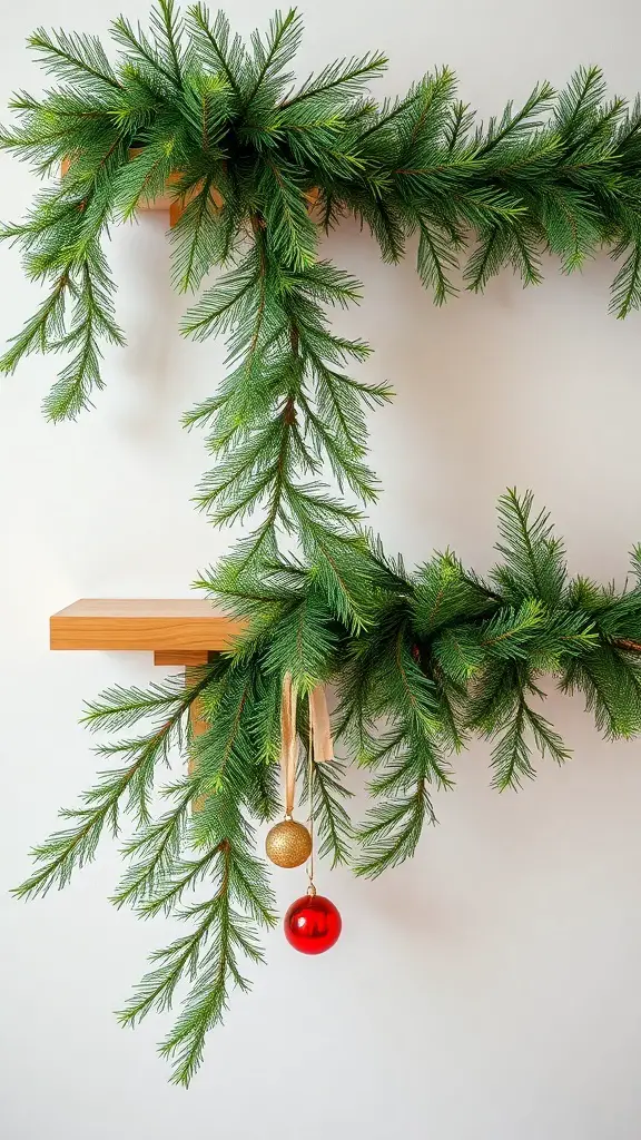 A close-up of an evergreen garland draped over a wooden shelf, decorated with red and gold ornaments.