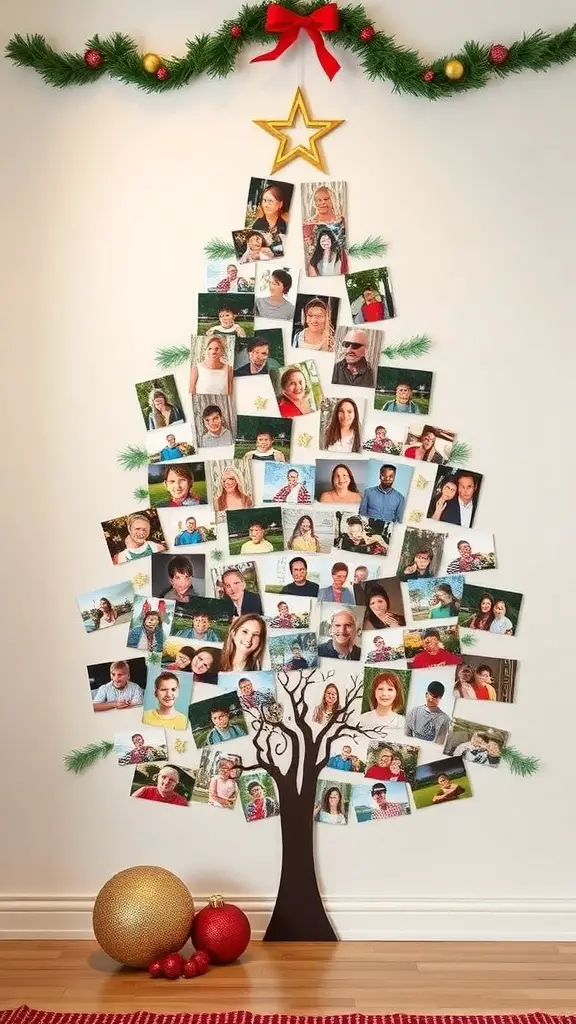 29+ Creative Wall Christmas Tree Ideas for a Festive Holiday Display 9 A wall decorated with a photo collage shaped like a Christmas tree, featuring family photos and festive decorations.