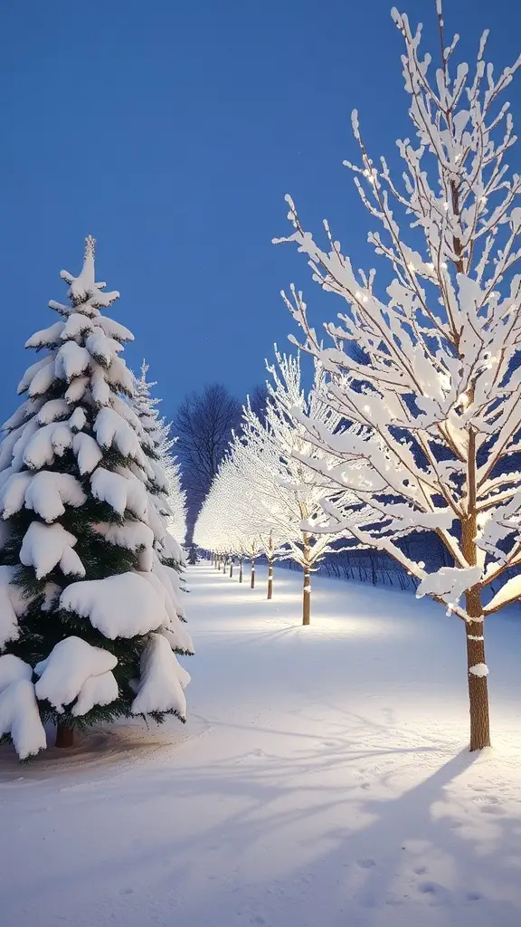 A snowy winter scene with trees covered in snow and illuminated by soft lights.