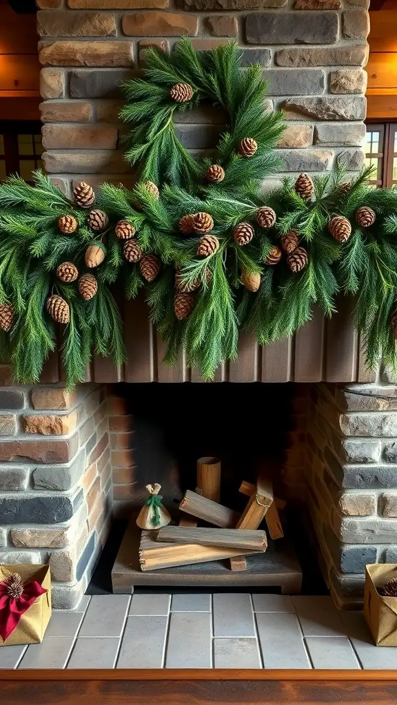 A festive pinecone garland draped over a fireplace, showcasing pinecones and greenery.