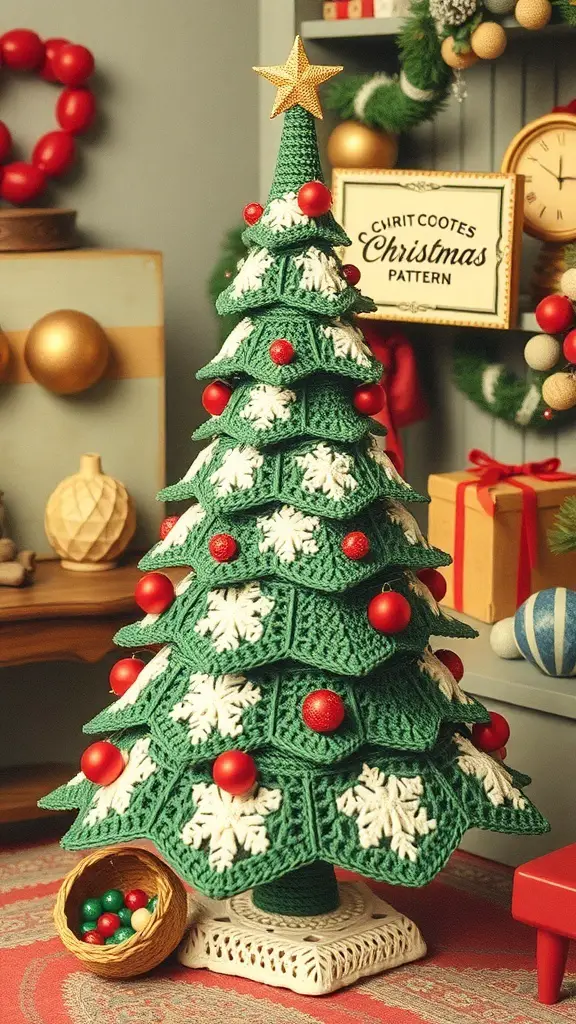 29+ Stunning Crochet Christmas Tree Ideas to Brighten Your Holiday Decor 16 A vintage style crochet Christmas tree decorated with red pom-poms and a star on top, set in a cozy room.