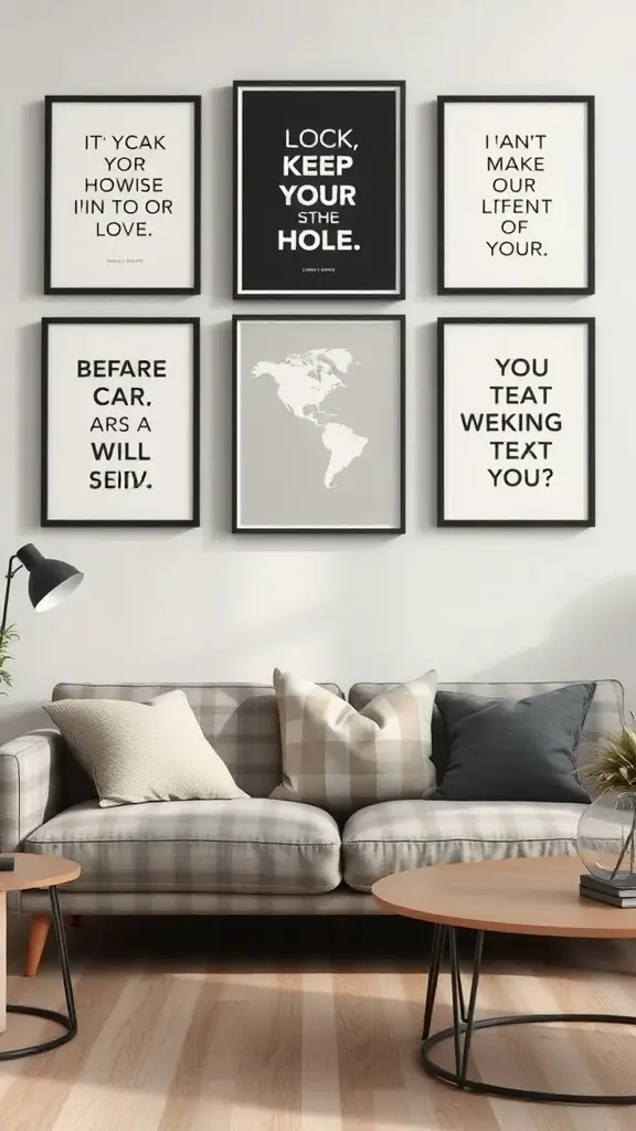 23+ Creative Above Sofa Wall Decor Ideas to Transform Your Space 10 A wall with framed inspirational quotes above a sofa.