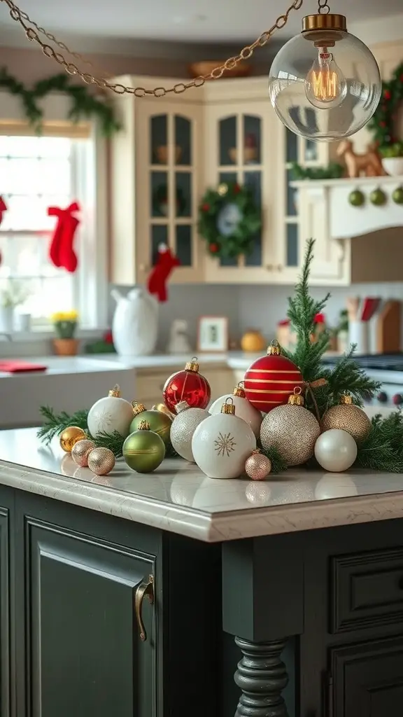 A kitchen island decorated with vintage Christmas ornaments in various colors and sizes, surrounded by greenery.