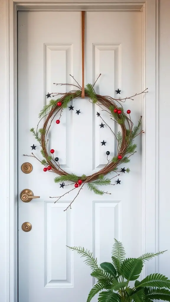 A minimalist wreath made of twigs, pine needles, and red berries, hanging on a white door with small black stars around it.