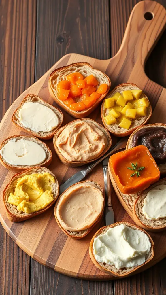 A wooden board with various slices of bread topped with different flavored butters and spreads.