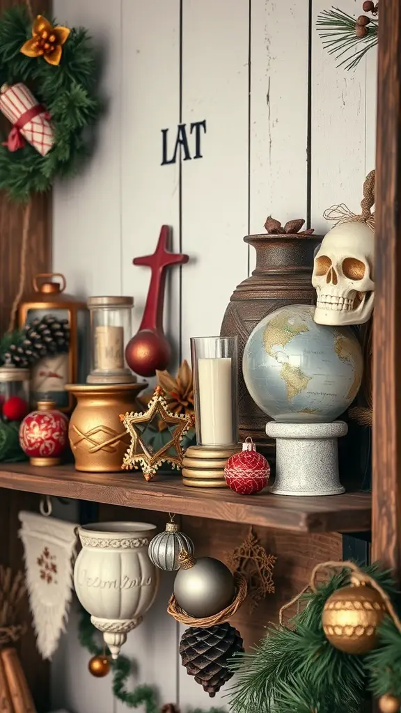 A shelf decorated with vintage Christmas decor, including a globe, ornaments, and a skull.