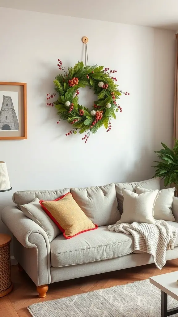23+ Creative Above Sofa Wall Decor Ideas to Transform Your Space 13 A seasonal wreath with greenery and berries hanging above a light-colored sofa.