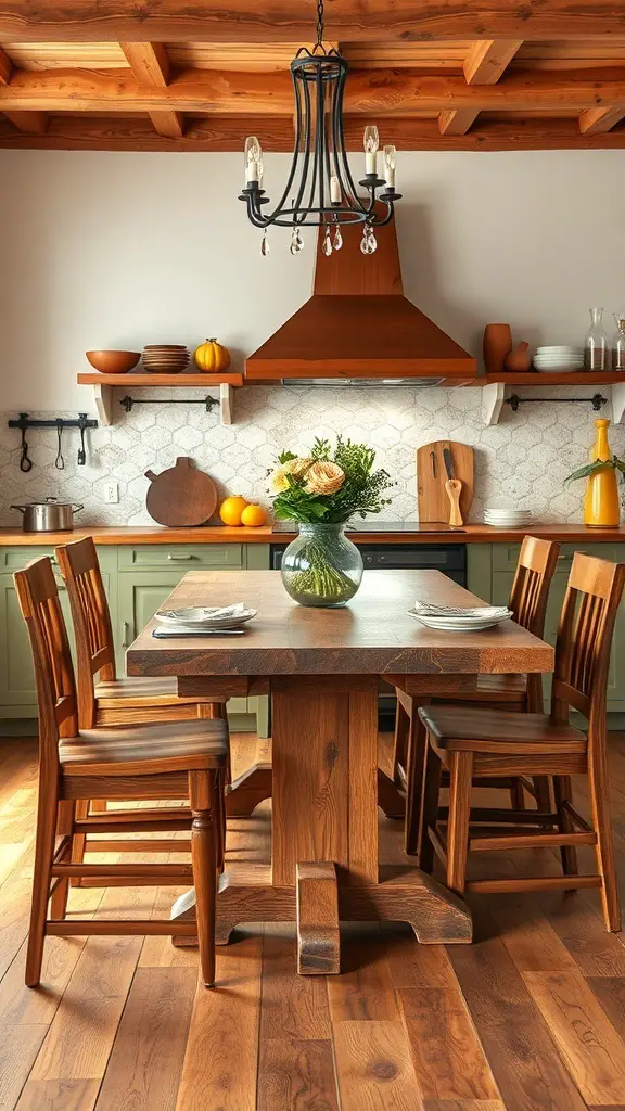 31+ Rustic Kitchen Design Ideas to Transform Your Space 9 A rustic kitchen featuring a handcrafted wooden table and chairs, with warm tones and a cozy atmosphere.
