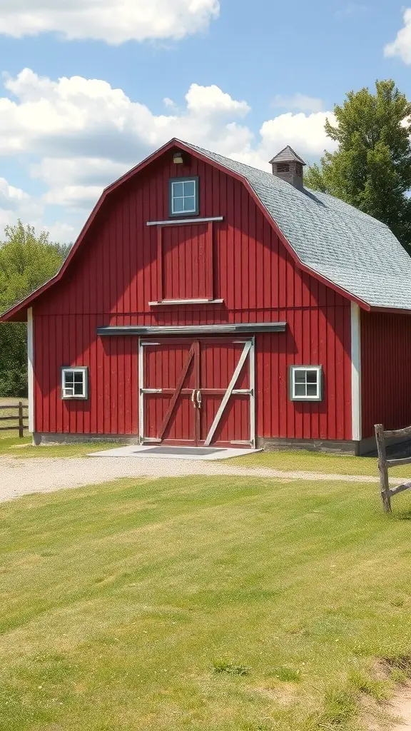 27+ Stunning Barndominium Exterior Ideas to Inspire Your Dream Home 6 A classic red barn with a tall roof and wide doors, set against a clear blue sky and green grass.