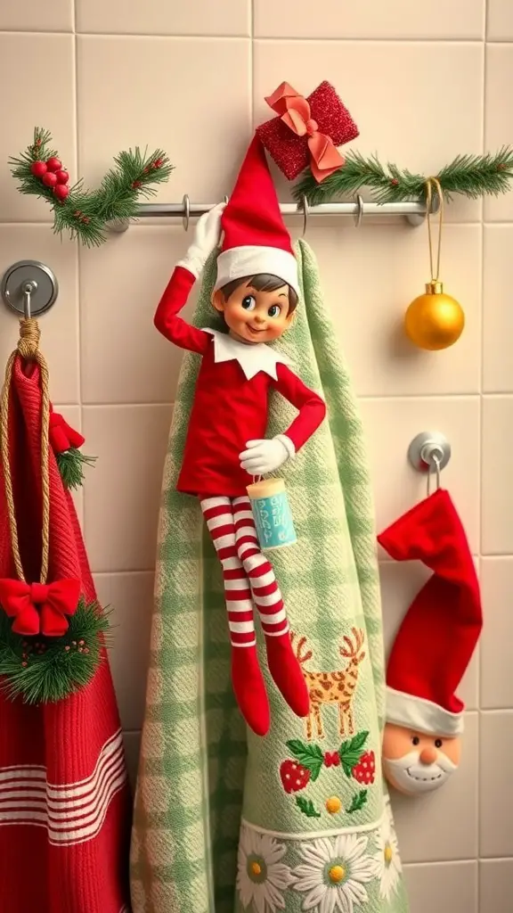 25+ Creative Elf on the Shelf Bathroom Ideas You Need to Try 3 An elf hanging on a towel rack with festive decorations in a bathroom