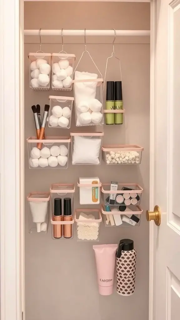 25+ Bathroom Closet Organization Ideas You’ll Love 15 Organized bathroom closet with hanging bins for small items.