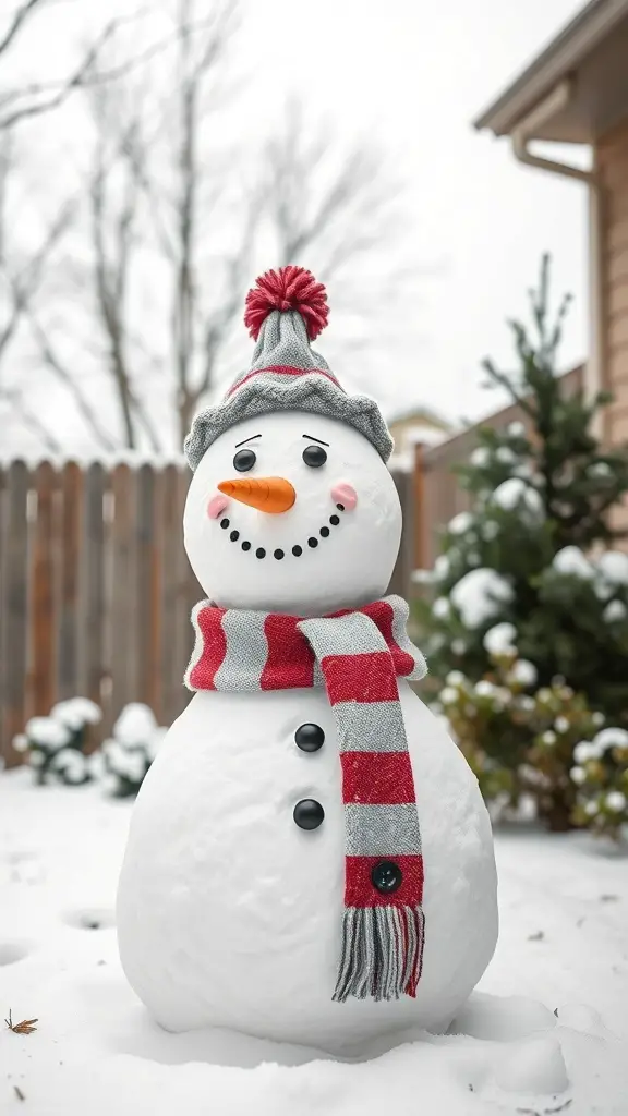 A cheerful snowman wearing a striped scarf and a hat, standing in a snowy backyard.