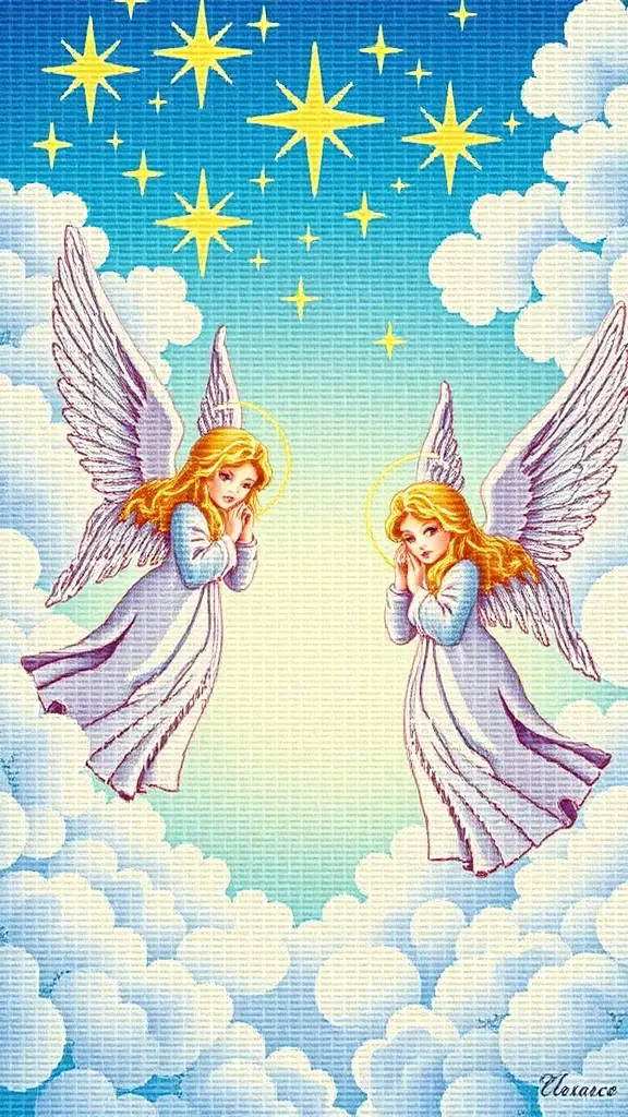27+ Festive Christmas Cross Stitch Patterns to Brighten Your Holiday Season 13 Two angels with large wings in a bright sky filled with stars and clouds