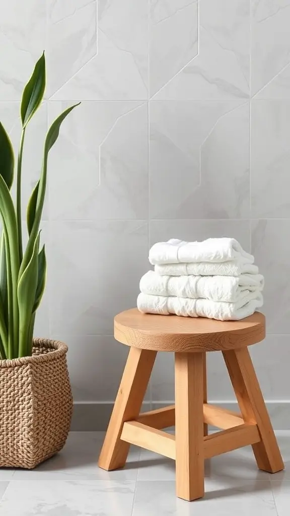 27+ Chic Bathroom Stool Styling Ideas to Elevate Your Space 5 A wooden stool with stacked white towels next to a green plant in a bathroom setting.