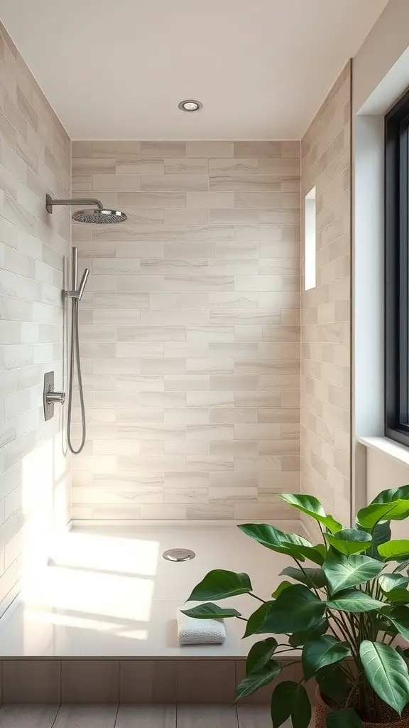 27+ Stunning Shower Tile Ideas to Transform Your Bathroom 14 A modern shower with neutral beige tiles, natural light, and a plant.