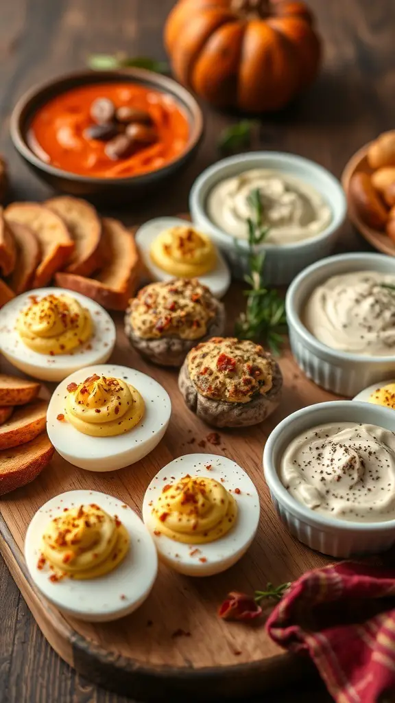 A Thanksgiving appetizer board featuring deviled eggs, stuffed mushrooms, pumpkin dip, ranch dip, and sweet potato slices.