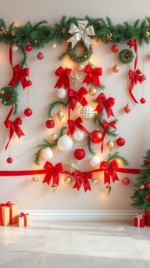 29+ Creative Wall Christmas Tree Ideas for a Festive Holiday Display 10 A wall decorated with a Christmas tree made of ribbons and ornaments, featuring red bows, shiny ornaments, and a small pile of gifts below.