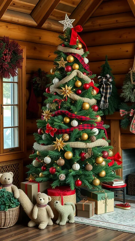 A beautifully decorated Christmas tree in a cozy cabin setting, featuring red and gold ornaments, ribbons, and plush toys.