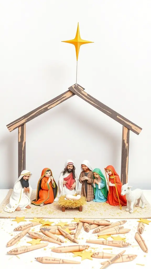 Handprint nativity scene craft with colorful handprints representing Mary, Joseph, and baby Jesus.