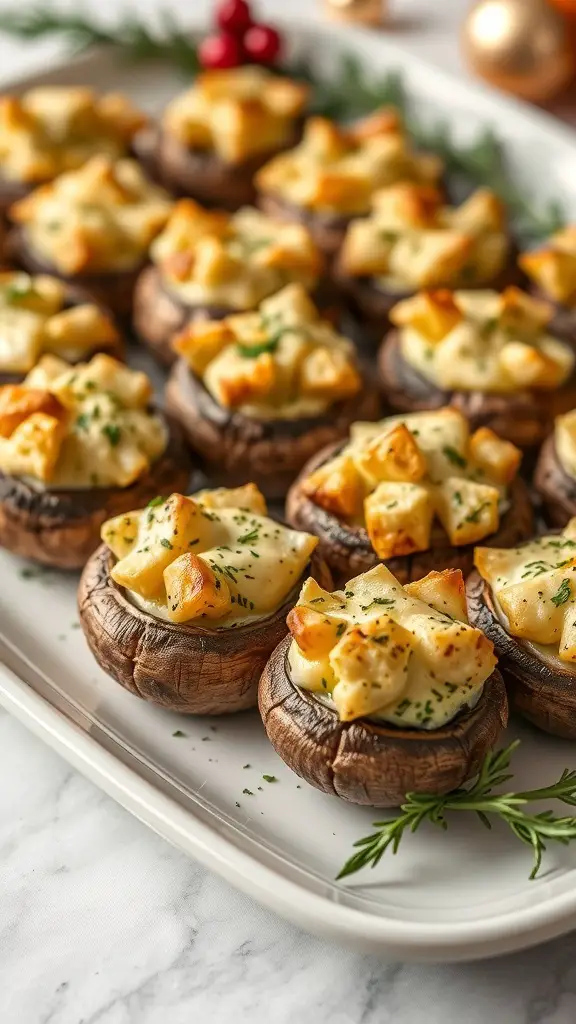 A platter of stuffed mushrooms topped with cheese and herbs, perfect for a Christmas buffet.