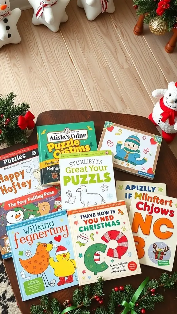 29+ Creative Christmas Stocking Ideas to Delight Everyone 12 A collection of colorful puzzle books arranged on a wooden table, surrounded by festive decorations.