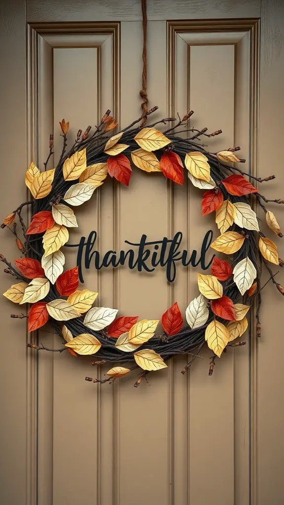 25+ Fun Thanksgiving Crafts for Kids to Make Together 6 A wreath decorated with autumn leaves and the word 'thankful' displayed prominently.