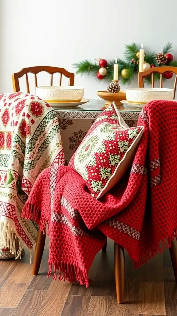 Cozy blankets and pillows on dining chairs with a festive table setting.