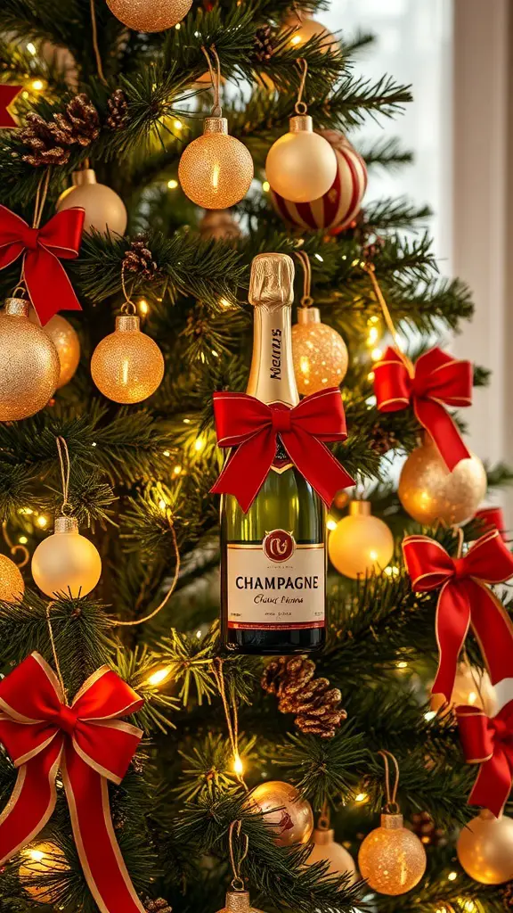 27+ Stunning Champagne Christmas Tree Ideas You Need to Try 3 A beautifully decorated Christmas tree featuring champagne bottle ornaments and red bows.