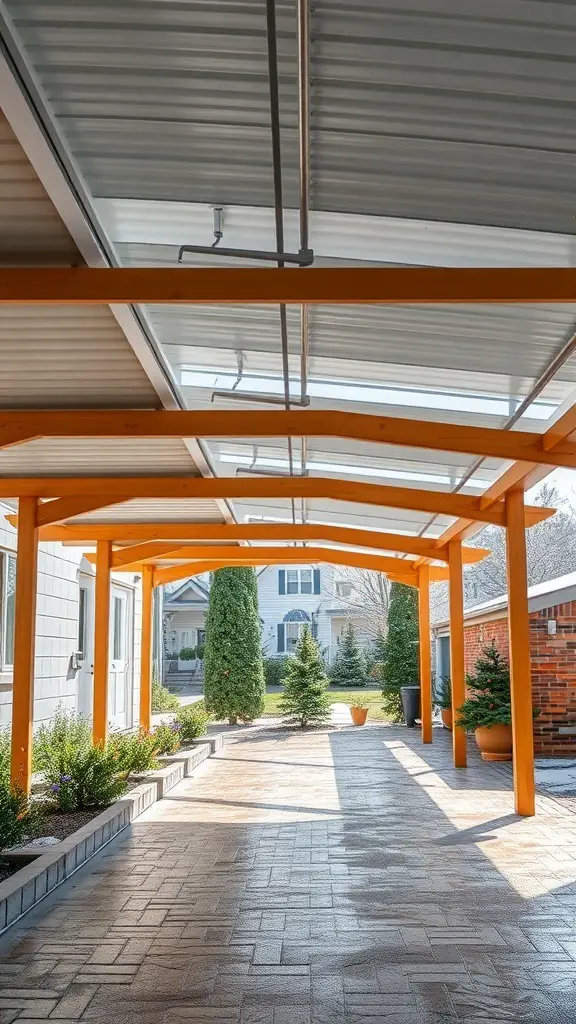 25+ Stylish Carport Ideas to Enhance Your Garage Front 14 A spacious carport with a wooden frame and metal roof, providing shelter and protection for vehicles.