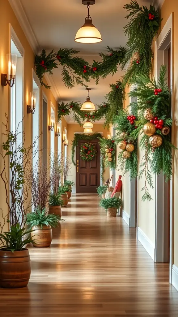 27+ Festive Christmas Hallway Ideas to Transform Your Home 16 A hallway decorated with green garlands, red berries, and golden ornaments, featuring potted plants and warm lighting.