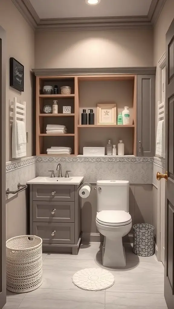 25+ Stunning Master Bath Ideas to Transform Your Space 14 A stylish master bath with personalized storage solutions, featuring open shelving, elegant cabinetry, and a tidy laundry basket.