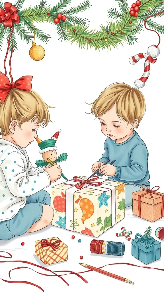 Two children wrapping gifts for the holidays, surrounded by colorful decorations and gift-wrapping supplies.