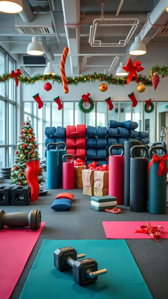 29+ Must-Have Christmas Wishlist Ideas for Everyone 16 A festive gym decorated for Christmas with fitness equipment and decorations.