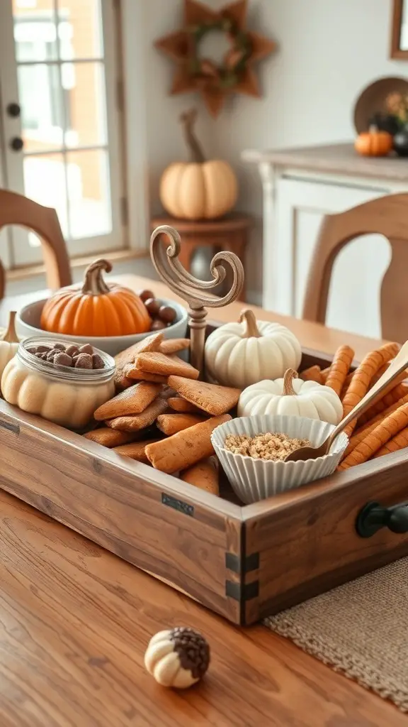 A wooden serving tray filled with pumpkins, cookies, and snacks for Thanksgiving decor.