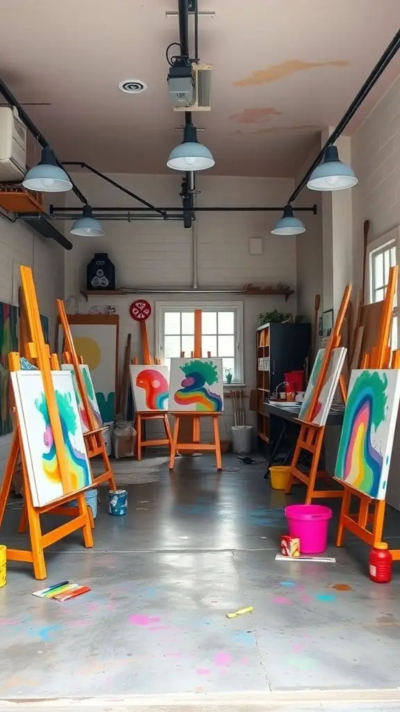 23+ Creative Garage Conversion Ideas for Your Home 6 A colorful art studio with easels and paint supplies in a garage setting.
